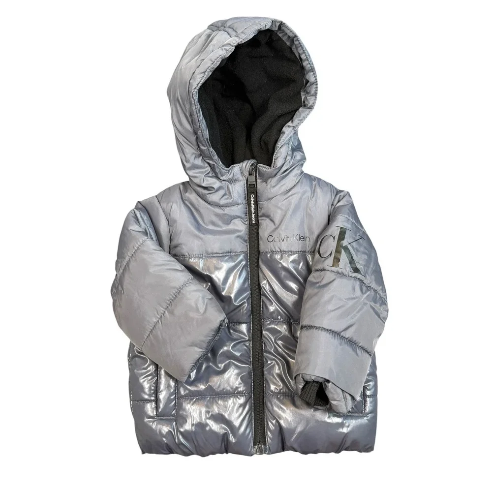 Calvin Klein Jeans Puffer Jacket Baby 12M Silver Metallic Hooded CK Logo Coat